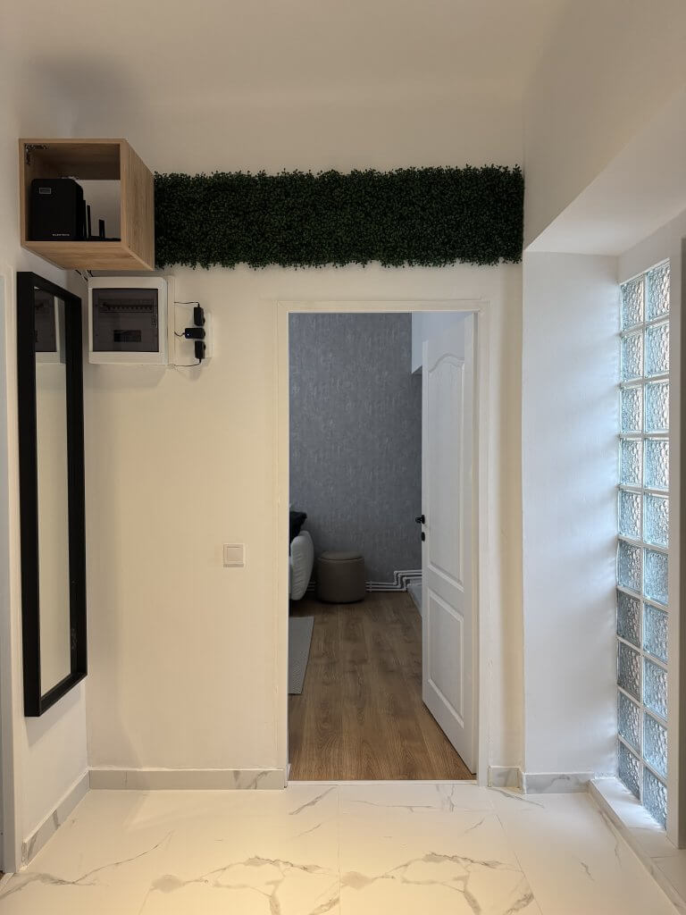 Intrare modernă cu decor minimalist și podea din marmură.