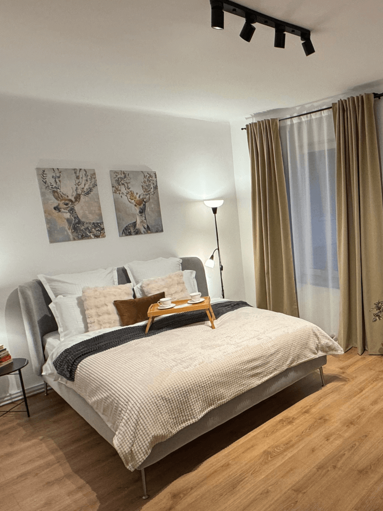 Dormitor modern cu pat și decorațiuni elegante